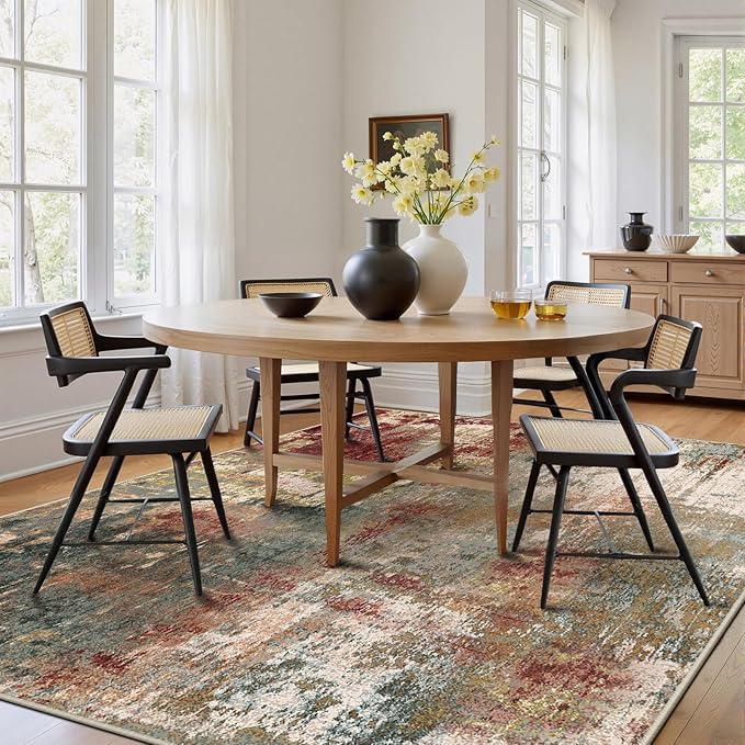 RELEANY Washable Area Rugs 6'x8' Non-Slip Modern Abstract Soft for Living Room Entryway Bedroom Nursery, Print Pattern, Brown Rust Red Green Blue Multi