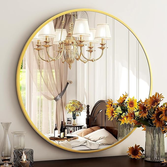 HARRITPURE 28" Round Mirror - Gold Bathroom Mirror Circle Wall Mirror with Brushed Aluminum Alloy Frame Modern Decor for Living Room, Vanity, Bedroom, Entryway