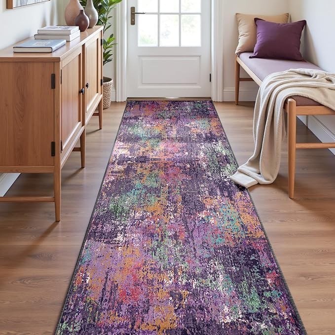 RELEANY Washable Area Rugs 2'x6' Non-Slip Modern Abstract Soft for Living Room Entryway Bedroom Nursery, Print Pattern, Purple Orange Blue Green Rust Red Colorful