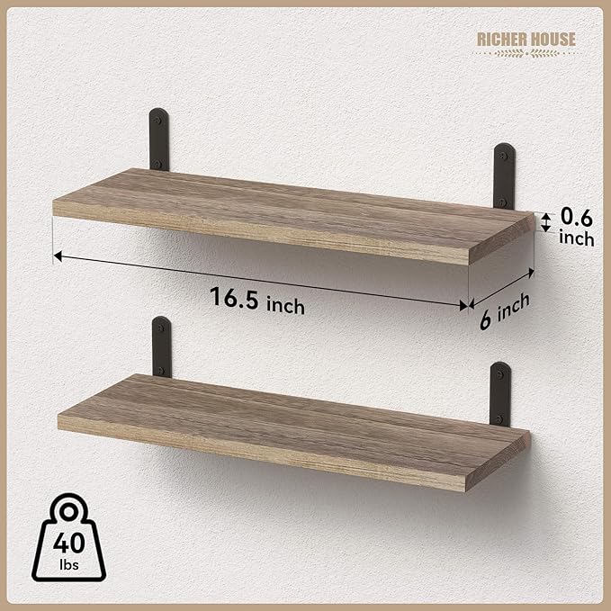 RICHER HOUSE Rustic Wood Shelves Set of 2, Farmhouse Style Floating Shelf for Wall Décor, Hanging Shelves for Bathroom, Bedroom, Storage, Kitchen, Living Room - Carbonized Black | for Wall Décor, for Bathroom, Bedroom, Storage, Kitchen, Living Room