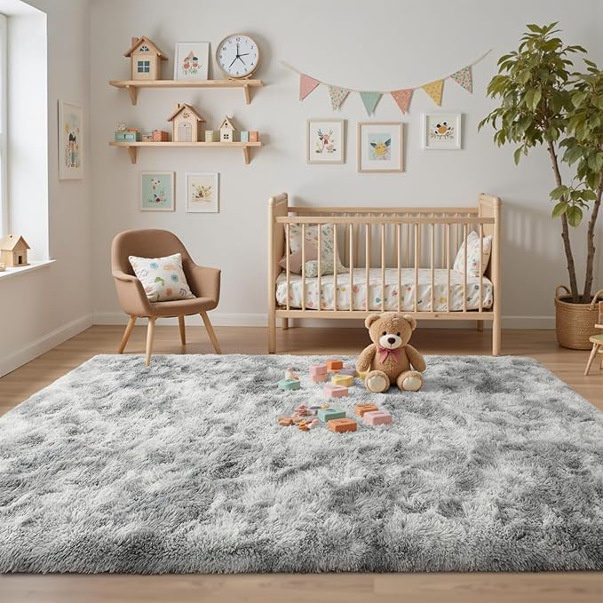 Grey White Rug for Living Room Fluffy 4x6 ft Bedroom Rug Non-Slip Fuzzy Area Rugs Shag Carpet for Nursery Kids Play Room Dorm Office Indoor Soft Modern Plush Carpets Gray