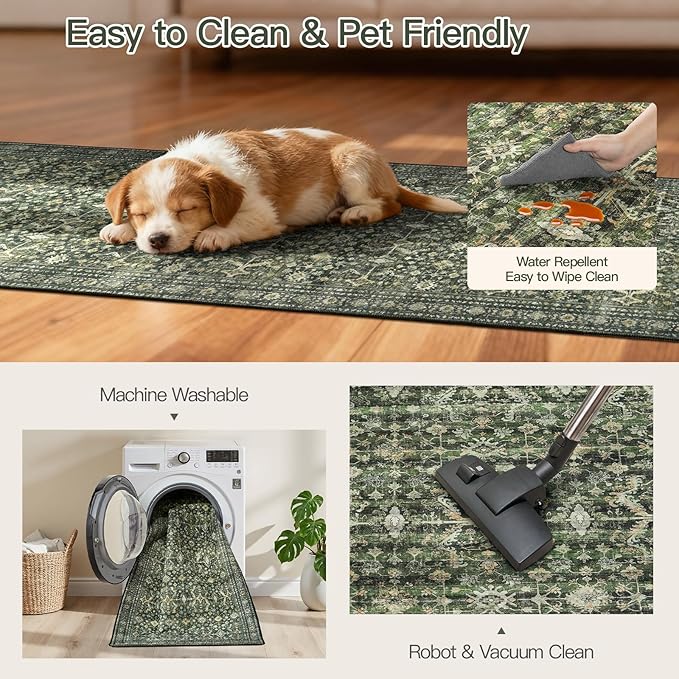 Lofus 2'6"x10' Area Rug for Hallways,Green Washable Runner Rugs with Non Slip Rubber Backing, Low Pile Soft Carpet Runner for Kitchen Bathroom Bedroom Laundry