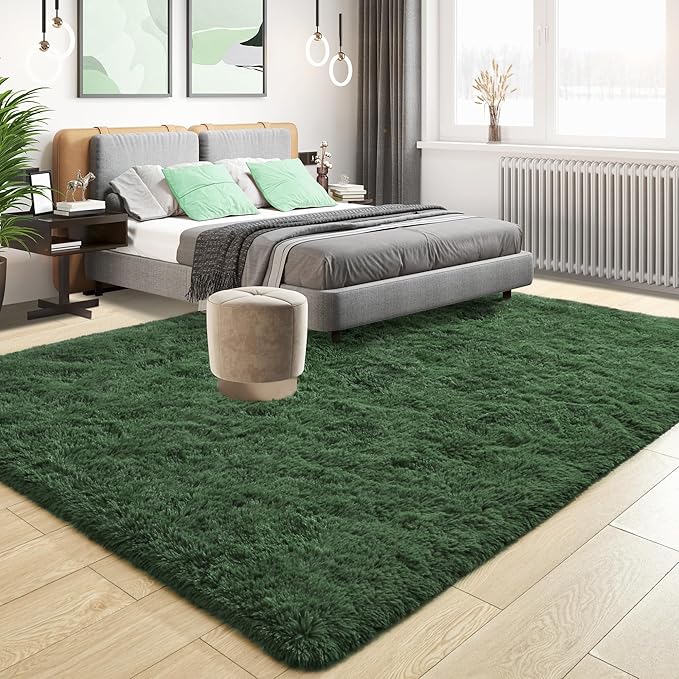 Tepook Fluffy Large Rugs for Living Room, 8x10 Area Rugs for Bedroom, Modern Shag Fuzzy Carpets for Kids Boys Girls, Plush Indoor Nursery Home Decor Rug with Non-Slip Bottom, Dark Green