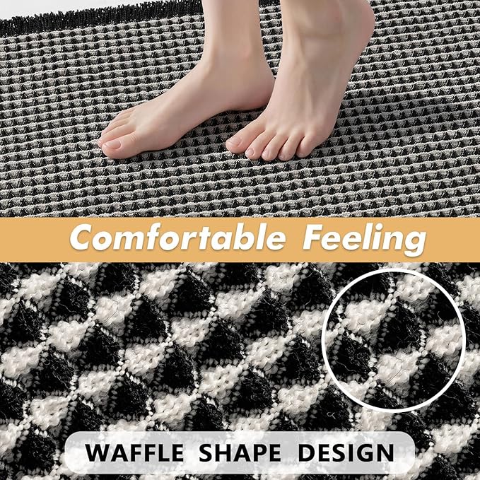 MIULEE Set of 2 Waffle Bathroom Rugs, Boho Bath Rugs Non Slip Washable, Super Absorbent Bath Mats, Ultra Soft Rubber Backed Shower Mats for Bathroom Floor, Tub and Shower, Black & Cream, 18x30 Inch