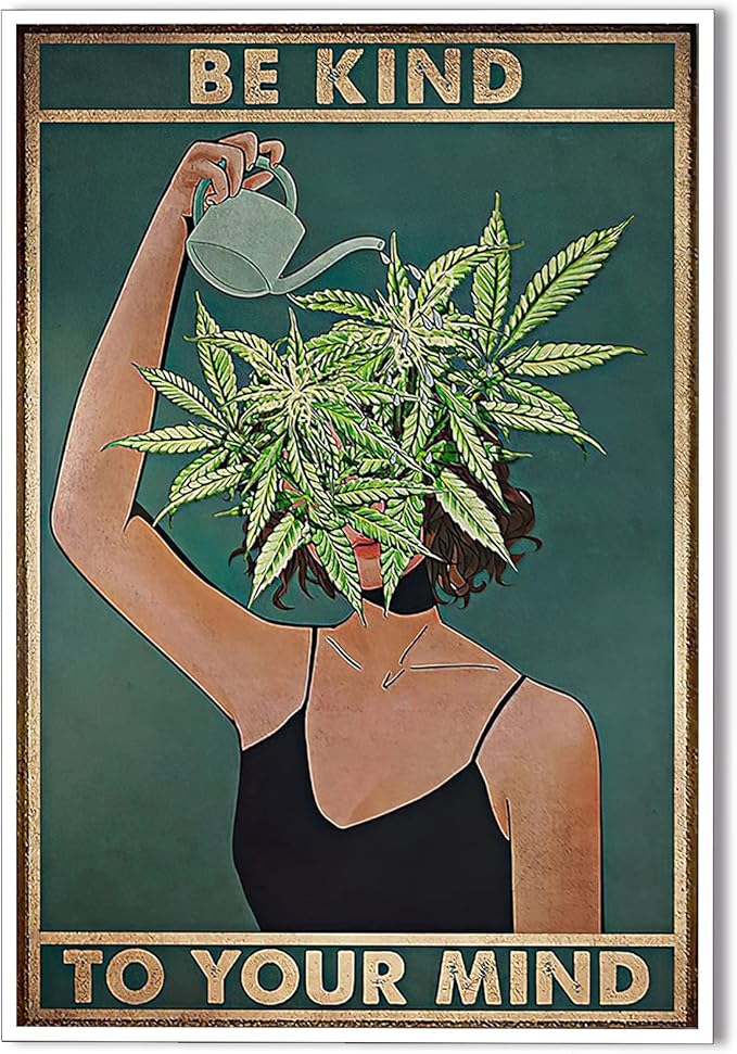Vintage Be Kind To Your Mind Poster Mental Health Quote Canvas Wall Art Posters Cool Unique Green Plant Girl Print Painting Retro Home Wall Decor Pictures for Women Bedroom 24x36in Unframed