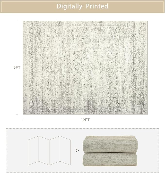 Srugn Washable Rugs 9x12 Area Rugs for Living Room,Bedroom,Dining Room- Large Ultra Soft Faux Wool Retro Carpets,Non Slip&Non-Shedding Low Pile Vintage Print Rug for Home Office Decor- Beige