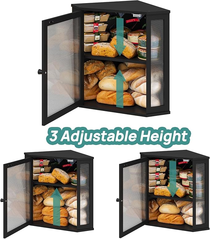 viewcare Corner Bread Box for Kitchen Counter, Bamboo Wood Large Capacity Bread Storage Bin with Acrylic Wavy Door Panel (Black, Extra Large)