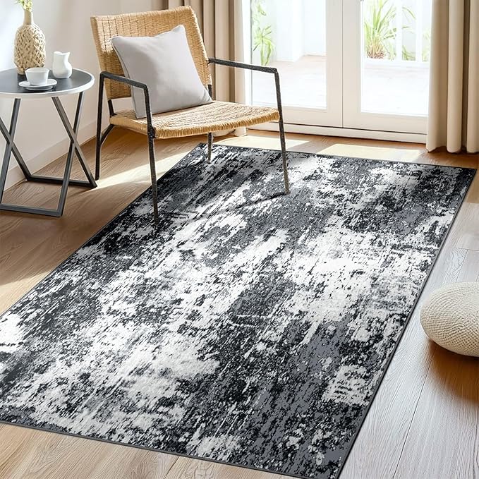 RELEANY Washable Area Rugs 4'x6' Non-Slip Modern Abstract Soft for Living Room Entryway Bedroom Nursery, Print Pattern, Black Navy Blue Gray