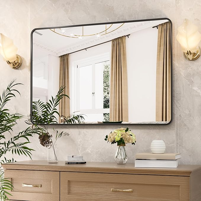 Antok 40x30 Black Metal Framed Bathroom Mirror, Wall Mirror with Round Corners, Vanity Mirror for Over Sink, Anti-Rust Tempered Glass, Horizontal/Vertical Hanging for Bathroom, Living Room, Entryway