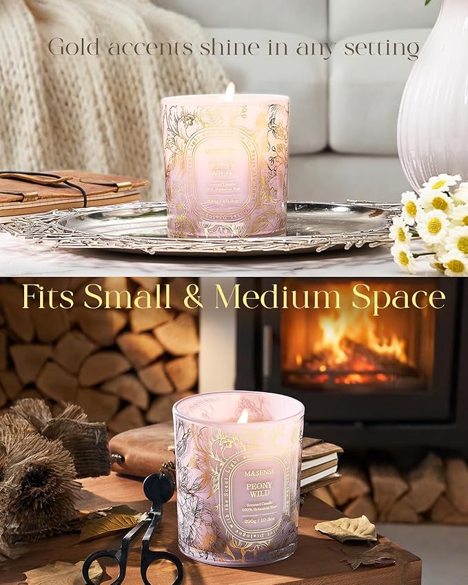 M&SENSE Wild Peony Scented Candle, Soy Wax Clean, Non-Toxic Burn, 55 Hours Long Burning 10.3oz, Elegant Romantic Floral Aroma for Home Scented Candles, Housewarming Gifts for Women