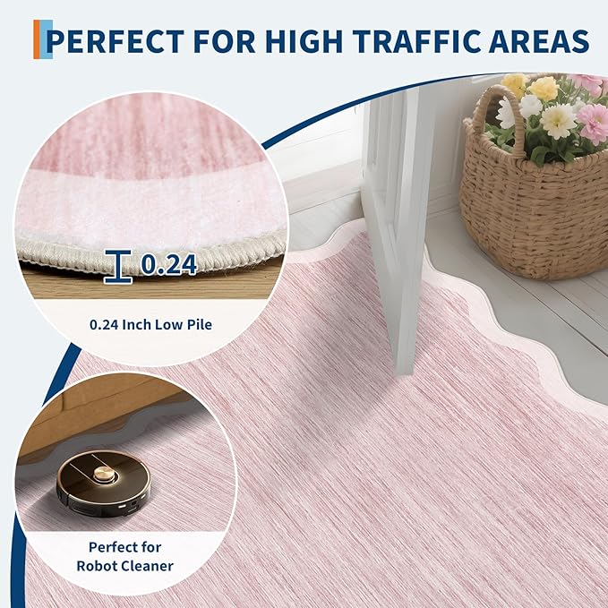 GarveeHome Scalloped Washable Runner Rug 2x6 Runner Non Slip Kitchen Rug Modern Pink Rug Entryway Rug Farmhouse Soft Bathroom Rugs Stain Resistant Carpet for Hallway Laundry Bedroom 2'x6' Pink