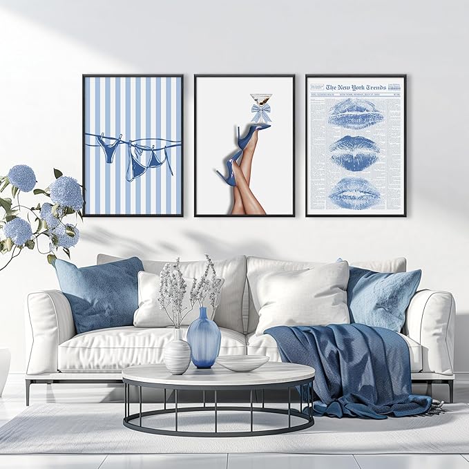 Blue Coquette Wall Art Decor Preppy Trendy Aesthetic Posters Funky Retro Y2k Canvas Wall Art Decor Blue Bow Bikini Lips Prints Girly Room Artwork for Dorm Bedroom 16x24 Inch Unframed Set of 3