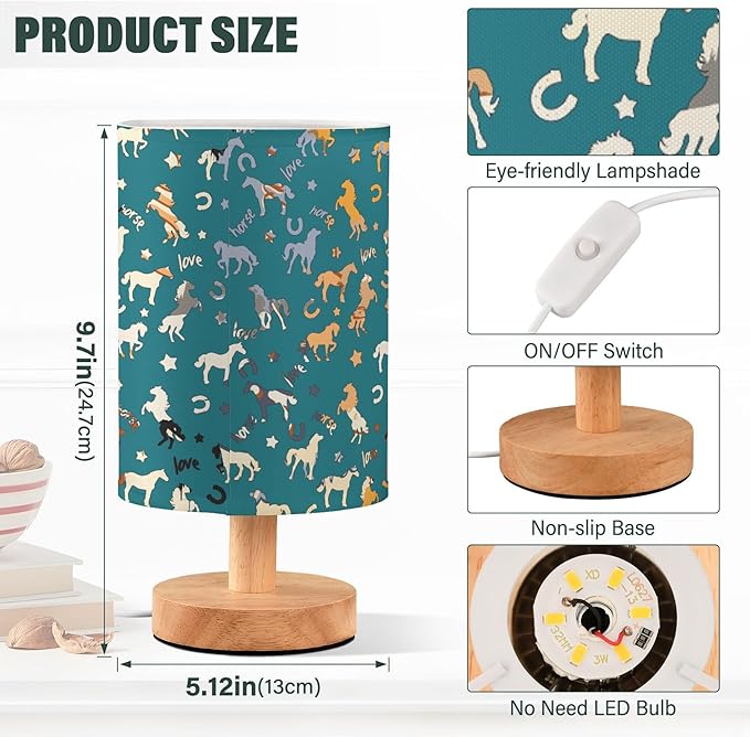 Table Lamp Horse Pattern Colorful Star Horseshoes Letter Nightstand Lamp with Wood Base Fabric Lamp Shade Bedside Desk Lamp for Living Room Bedroom Kids Room Office