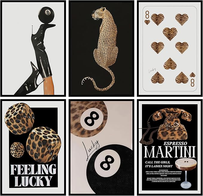 ZxXzkwpP Black Cheetah Print Room Decor Poster, Trendy Red Fashion Leopard Print Wall Art Aesthetic Lucky 8 Ball Poster Coquette Preppy Y2k Red Funky Art For Bedroom (Black 12x18x6 Unframed)