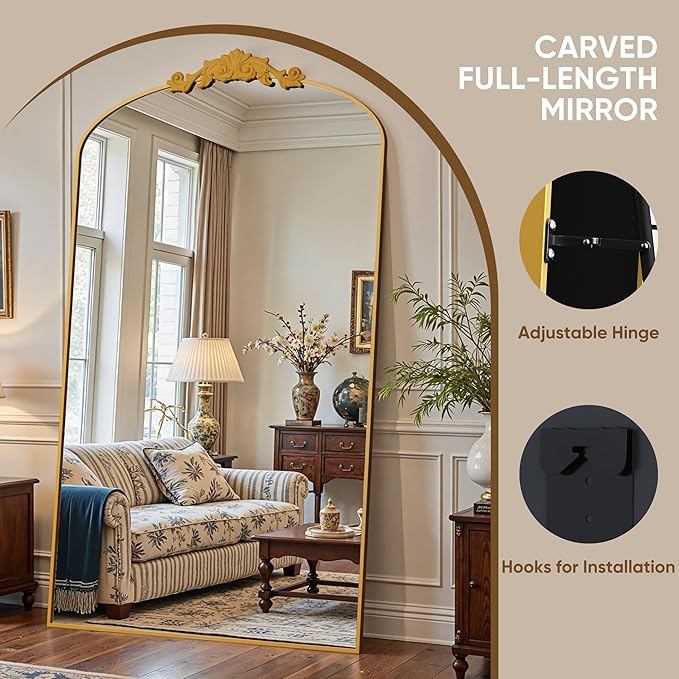 Antok Arched Full Length Mirror, 72"x44" Floor Mirror with Carved, Full Body Mirrors for HomeDecor, Standing/Halling Large Wall Mirror for Bedroom, Living Room, Cloakroom, Gold, Retro Style