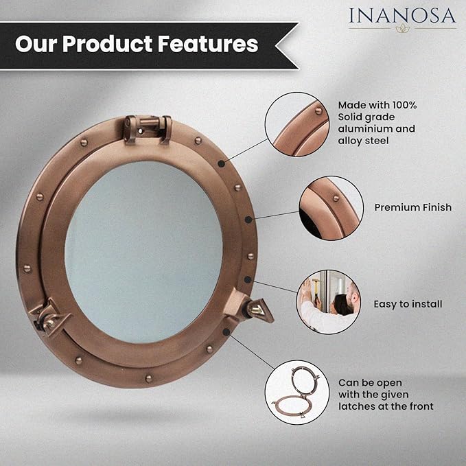 8 Inch Bathroom Wall Decor Ship Porthole Mirror with Copper Finish – Vintage Round Wall Mounted Mirror for Bathroom Vanity, Nautical Pirate Coastal Vintage Home Décor