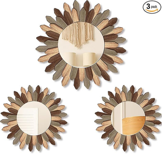 3 Pcs Boho Wall Decor Round Sunburst Mirror Boho Circle Mirror with Rustic Wood Frame Decorative Hanging Wall Art for Farmhouse Home Decor,17 Inch and 12 Inch(Tril Color)