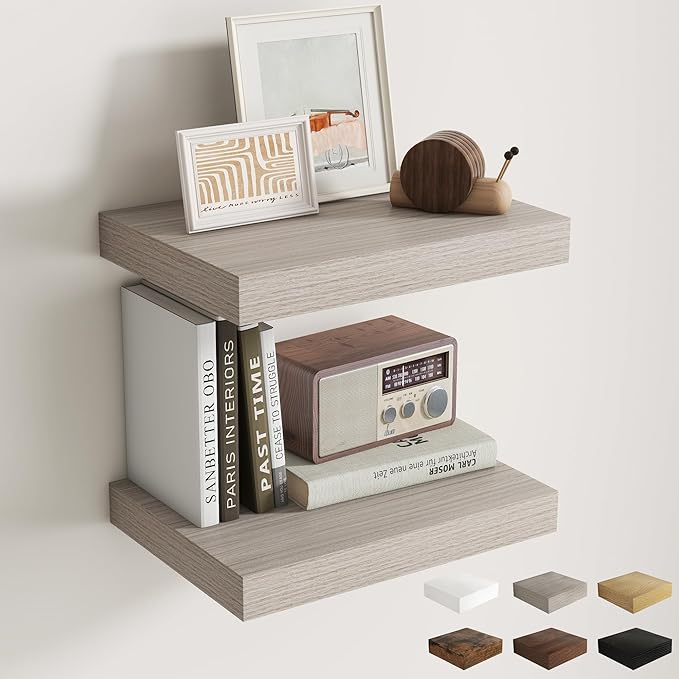 Fun Memories Floating Shelves for Wall, 12 x 16 Floating Shelf for Books, Rustic Wood Deep Storage Wall Shelf with Invisible Bracket - 16" Grey Shelves for Living Room & Bedroom, Set of 2