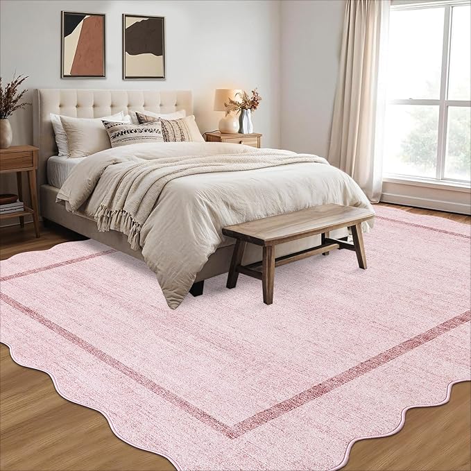 GarveeHome Scalloped Washable Rug 6x9 Area Rugs for Living Room Modern Pink Nursery Rug Large Area Rug for Bedroom Non Slip Throw Rugs Soft Low Pile Stain Resistant Carpet for Dorm Girls Room 6'x9'