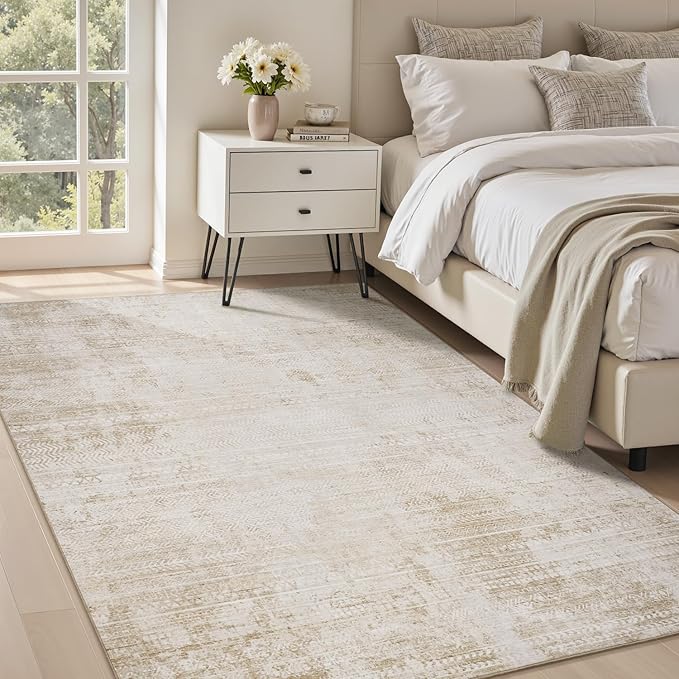 5x7 Area Rugs for Living Room Non Slip Machine Washable Rug Distressed Abstract Soft Indoor Carpet Neutral Boho Rug for Bedroom Dining Room Playroom Office, Beige