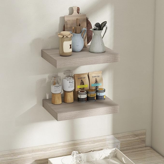 Fun Memories Floating Shelves for Wall, 12 x 16 Floating Shelf for Books, Rustic Wood Deep Storage Wall Shelf with Invisible Bracket - 16" Grey Shelves for Living Room & Bedroom, Set of 2