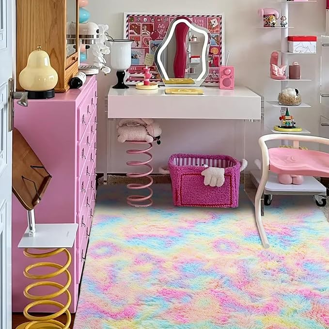 Rainbow Rug for Girls Bedroom: Fluffy Plush Rugs for Kids Room - Rainbow Fuzzy Carpet for Living Room (6x9 Feet)