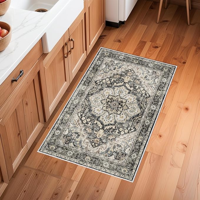 Washable Oriental Area Rug - 2x3 Rugs for Living Room Soft Carpet for Bedroom Waterproof Floral Distressed Indoor Stain Resistant Non-Shedding Floor Carpets (Black/Grey, 2x3)