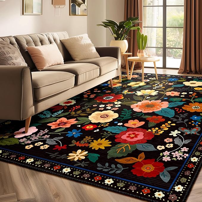 RELEANY Floral Nursery 4x6 Area Rugs Washable Print Boho Cute Carpet Non Slip Flower Low Pile for Living Room Kids Girls Playroom Bedroom Kitchen Office Farmhouse-Black