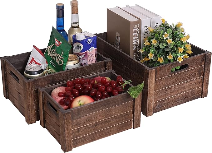 Farmhouse Antique Black Wooden Crate for storage,Rustic Decorative Boxes,Set Of 3 Nesting Wooden Storage Crates For display,Handmade Natural Solid Wood Box (Rustic Black)