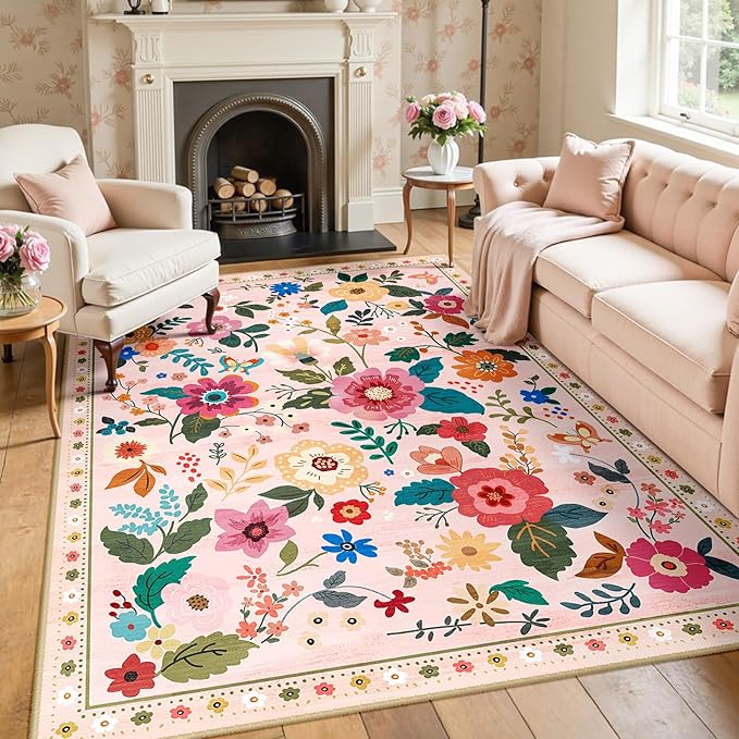 RELEANY Floral Nursery 5x8 Area Rugs Washable Print Boho Cute Carpet Non Slip Flower Low Pile for Living Room Kids Girls Playroom Bedroom Kitchen Office Farmhouse-Pink