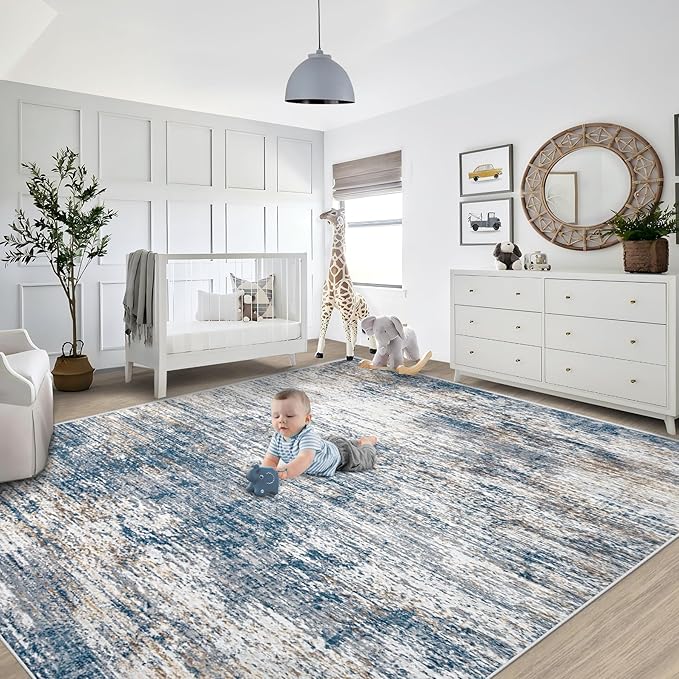 XLUEZ 8x10 Area Rugs for Living Room, Washable Modern Abstract Large Area Rug Neutral Soft Non Slip Kids Rug Stain Resistant Indoor Carpet for Bedroom Nursery Dining Children's Room(BlueWhite, 8'x10')