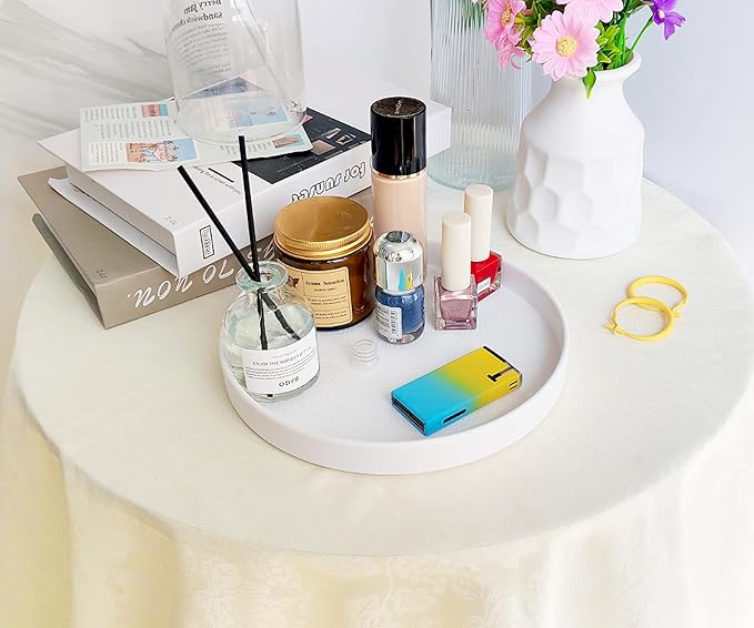 Round White Tray (8 inch) - Sturdy Bathroom Vanity Tray, Kitchen Counter Organizer, Coffee Table Decor | Serving Tray for Perfume, Soap | Farmhouse, Modern Style