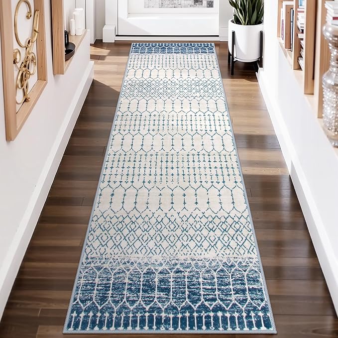 Lahome Moroccan Washable Blue Runner Rug 2x6 Rug Runners for Hallways Non Slip Throw Stain Resistant Kitchen Runners, Geometric Print Distressed Indoor Floor Rug for Entryway Bathroom Bedroom Hana