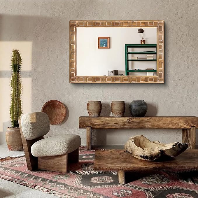 POZINO Rustic Wood Mirror, 24"X36" Farmhouse Bathroom Mirror for Over Sink, Natural Wooden Rectangle Wall Mirrors for Living Room Entryway Bedroom Hallway Fireplace, Horizontal Or Vertical