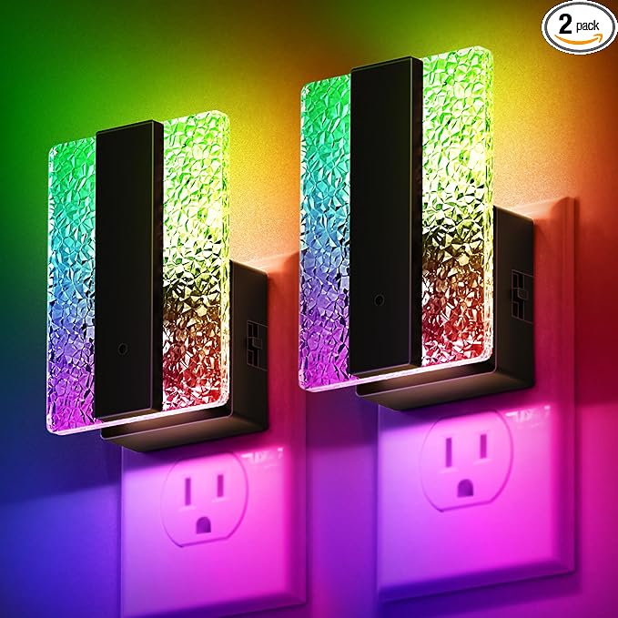 DORESshop LED Night Lights Plug into Wall [2 Packs], Decorative Night Light with Dusk-to-Dawn Sensor, RGB Color-Changing Nightlights with Slide Button, Nightlights for Kids, Bathroom, Hallway, Bedroom