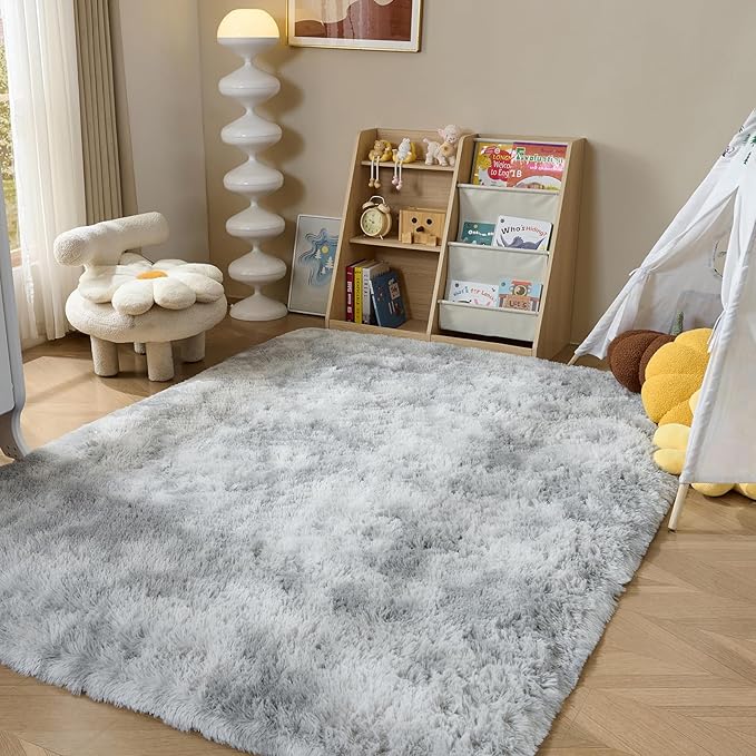 Fluffy Area Rugs for Bedroom - Soft Plush Shag Rug for Living Room Nursery Kids Room - Non Slip Fuzzy Shaggy Floor Carpets for Girls Boys Play Room Dorm Decor (Tie-Dyed Light Grey, 9' x 12')