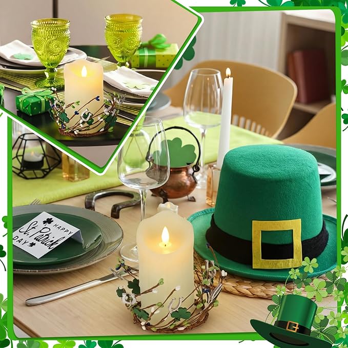 Daifunli 2 Pcs St. Patrick's Day Candle Ring Shamrocks Rings Wreaths Vintage Clover Berries Wreaths for Pillar 3.9 Inch Candles Holder for St. Patrick's Day Irish Rustic Table Centerpiece Decor