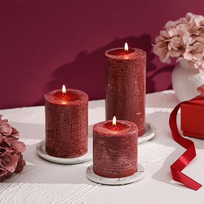 3x6 Inch Burgundy Pillar Candles Set of 3 - Hand-Poured Unscented Candles, Long Clean Burning, Dark Red Pillar Candle, Smokeless Dripless Candle for Dinner Table, Wedding, Home, Rustic Decor
