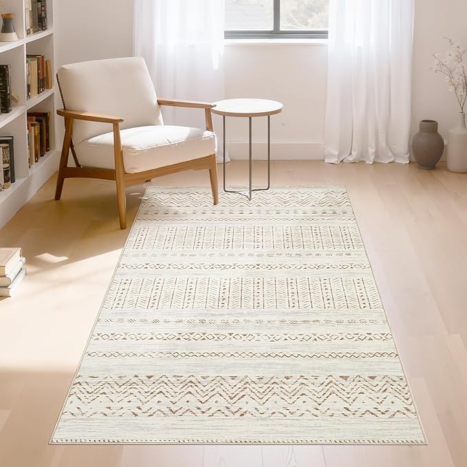 cotiled 3x5 Area Rug Living Room: Washable Boho Rugs with Non Slip Backing Small Soft Indoor Stain Resistant Carpet for Bedroom Farmhouse Dining Room Lightweight Home Decor Brown/Cream