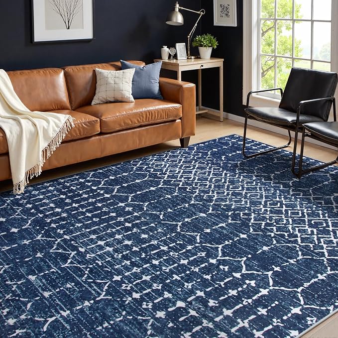 Lahome Moroccan Living Room Rug 9x12 Non-Slip Washable Ultra-Thin Soft Large Area Rug, Modern Geometric Print Stain Resistant Carpet for Bedroom Dining Room, Blue Hana