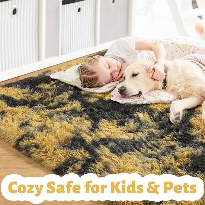 Amdrebio Black Gold Yellow Grey Rugs for Bedroom Living Room Decor, Fluffy Furry Fuzzy Shaggy Area Rug 4x6 for Kids Room Dorm Home Office, Modern Cool Leopard Cheetah Shag Carpet for Teen Boys Men