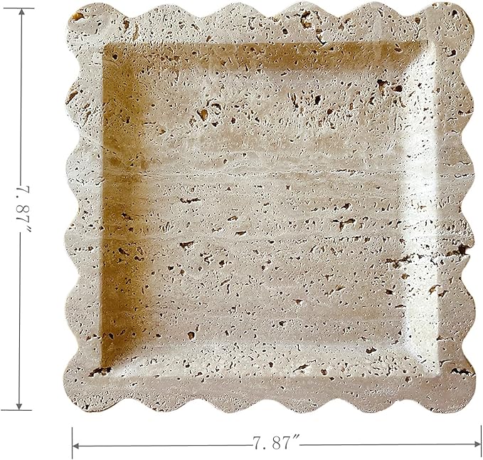 Vintage Natural Marble Tray Small Ornaments Scalloped Tray Handmade Storage Dish for Counter, Vanity, Dresser, Nightstand and Desk (Beige Travertine)