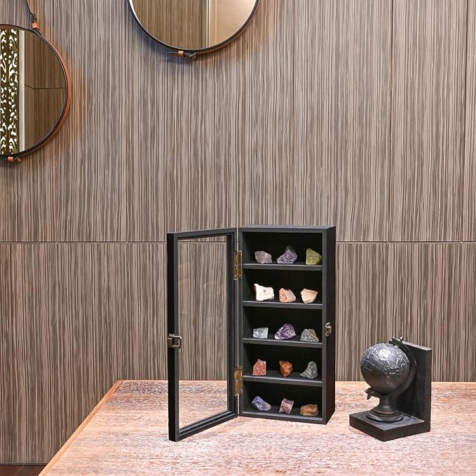 Ikee Design Wall Mounted Wooden Collectible Display Case 5 Shelf Display Storage Accessories with Tempered Glass Door, Black Color