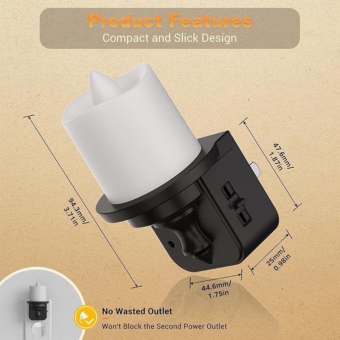 JandCase Flameless Candle Night Light, 2 Pack Night Lights Plug into Wall, 2000K Amber, 0-100LM Dimmable Nightlight, Dusk to Dawn Sensor Light for Dinning Room, Living Room, Bathroom, Hallway