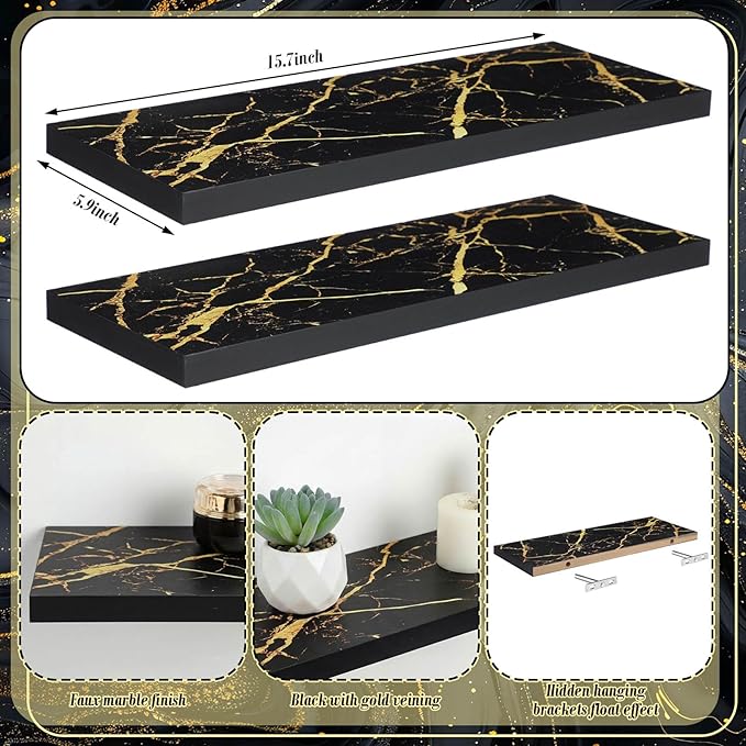 Pinkunn 3 Pcs Faux Marble Floating Shelves Modern Wooden Floating Shelf Wall Mount Organizer Decor for Home Bathroom Kitchen Storage and Display (Black Gold)