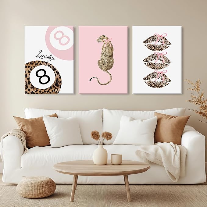Pink Leopard Wall Art Decor Cheetah Trendy Poster Preppy Aesthetic Canvas Room Decor Pictures Coquette Y2k Wall Art 8 Ball Prints Pink Fashion Bow Artwork for Girls Bedroom 12x16x3 Inch Wrapped Canvas