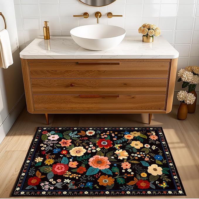 RELEANY Floral Nursery 2x3 Area Rugs Washable Print Boho Cute Carpet Non Slip Flower Low Pile for Living Room Kids Girls Playroom Bedroom Kitchen Office Farmhouse-Black