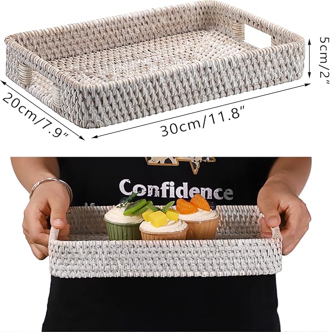 Hipiwe Hand Woven Tray with Handle Whitewash Rattan Serving Tray for Storage Rectangular Wicker Basket Tray for Key Remote Fruit Dessert Plate, 11.8 x 7.9 x2 Inch