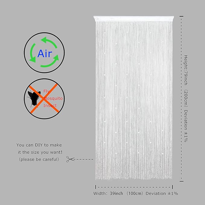 YaoYue Beaded Curtain Door String Curtains for Doorway Tassels Beads Hanging Fringe Hippie Room Divider Window Hallway Entrance Wall Closet Bedroom Privacy Decor (39×79in/100×200cm, White)