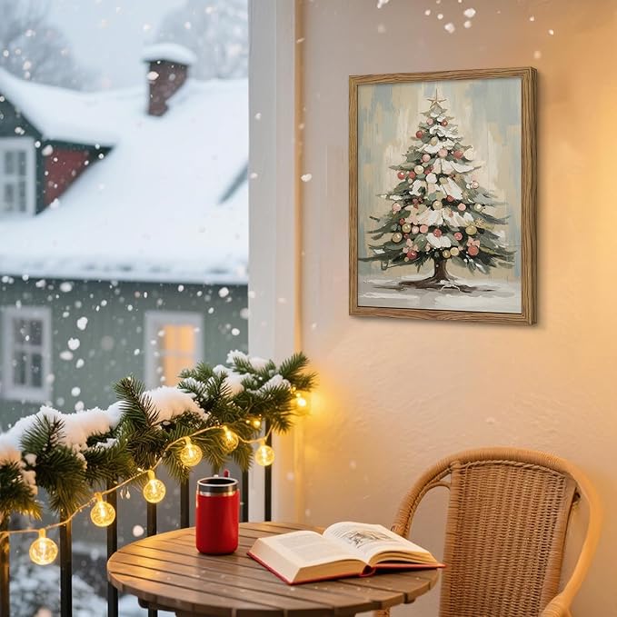 Framed Christmas Tree Wall Decor, Christmas Tree with Christmas Balls Canvas Prints Country Winter Holidays Oil Painting Vintage Christmas Wall Art for Living Room Bedroom – 16x24in